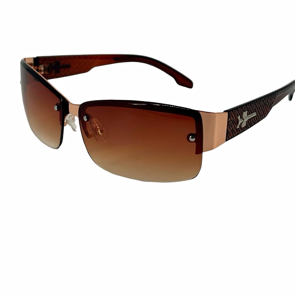 Rimless Shield Sunglasses Brown Gradient Rose Gold Y2K McBling Cross Gothic Glam